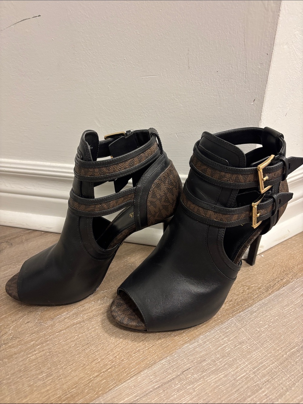 Michael Kors Black Leather Peep-Toe Ankle Heels with Brown Logo Straps